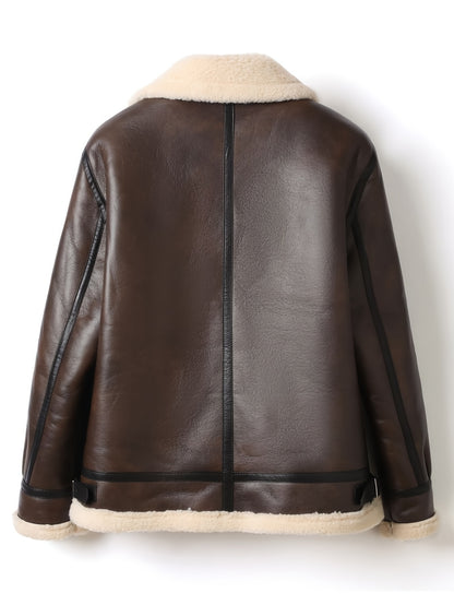 Men's Casual Jacket with Fleece Lining - Brown Bomber Style