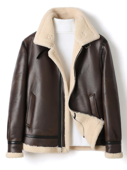 Men's Casual Jacket with Fleece Lining - Brown Bomber Style